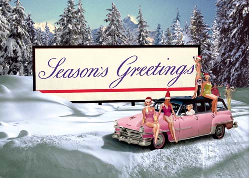 Pink Cadillac Christmas Greeting Card by Max Hernn - Click Image to Close